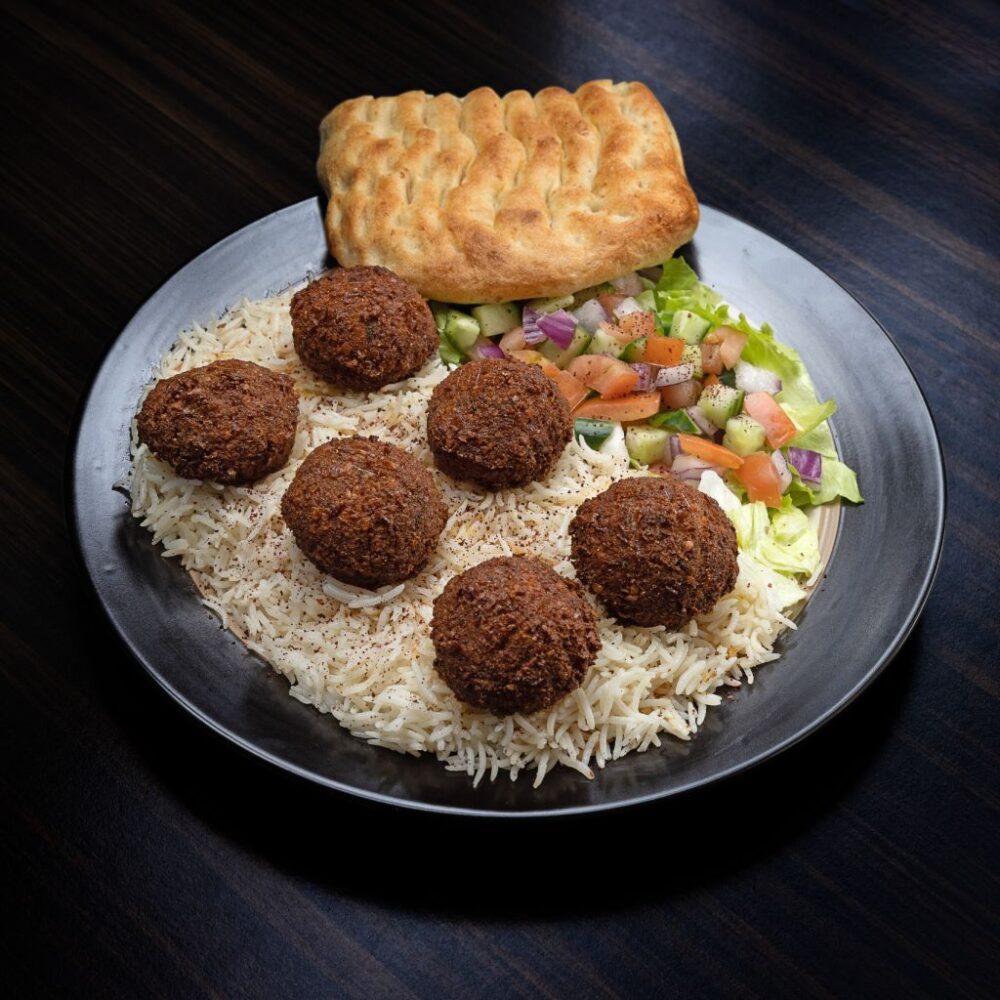 aFalafel Plate - (Served with Rice, Salad & Naan) 3 - the kabab shoppe