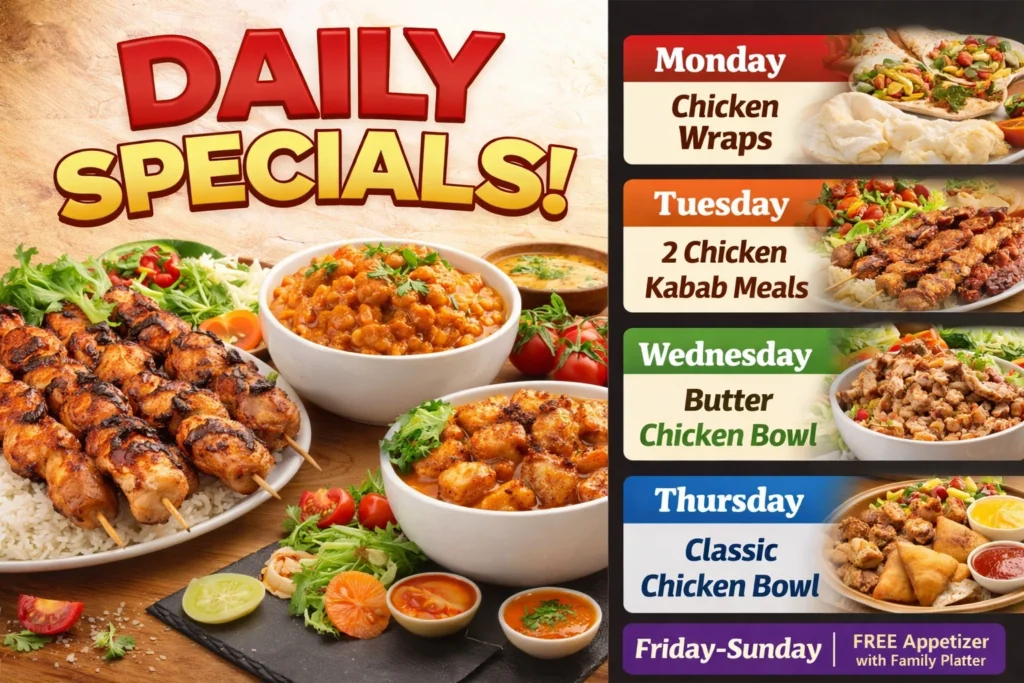 Daily specials at The Kabab Shoppe
