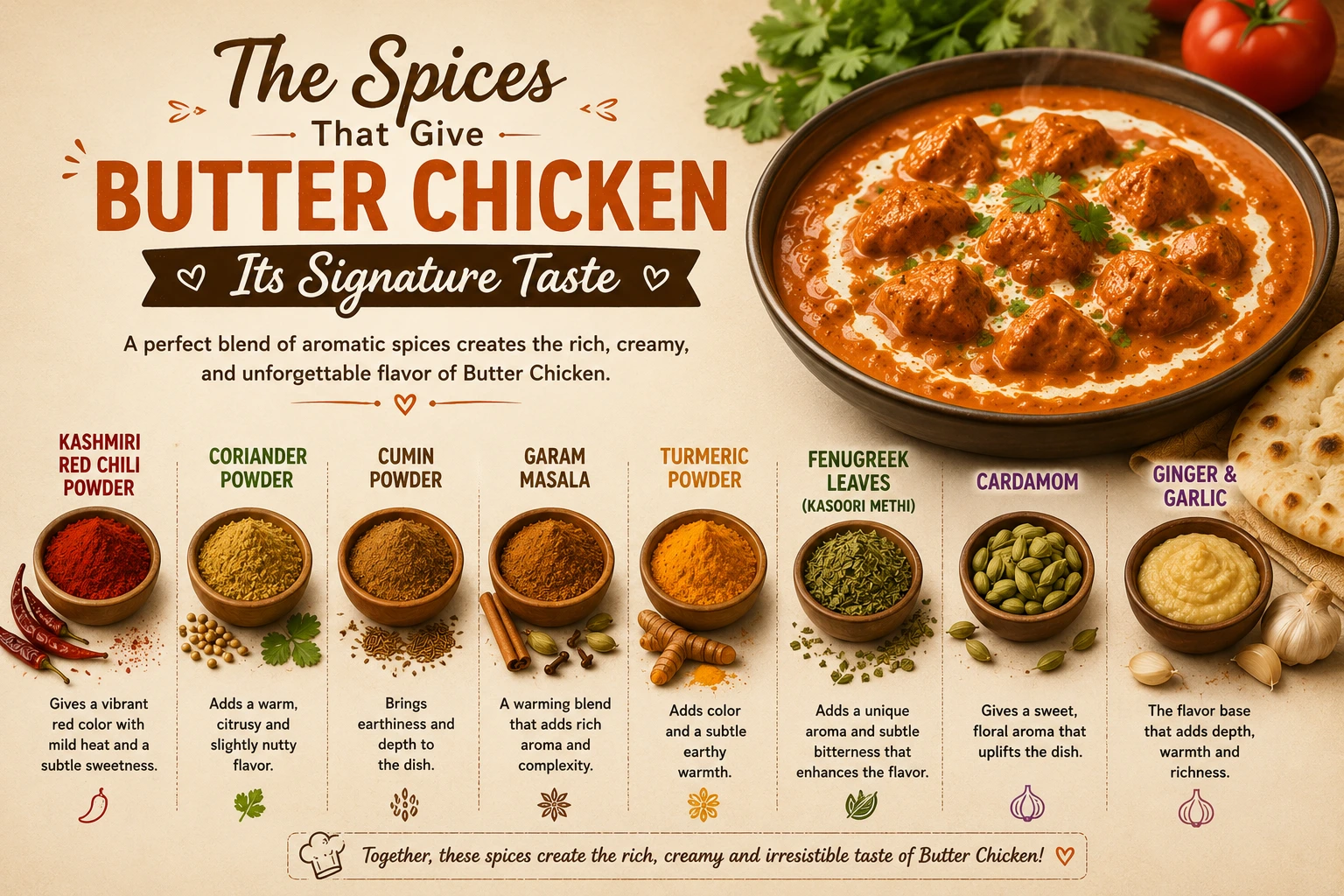 Butter Chicken Spices and Ingredients — The Kabab Shoppe Butter chicken spices and ingredients used in The Kabab Shoppe signature makhani recipe including garam masala turmeric and kasuri methi