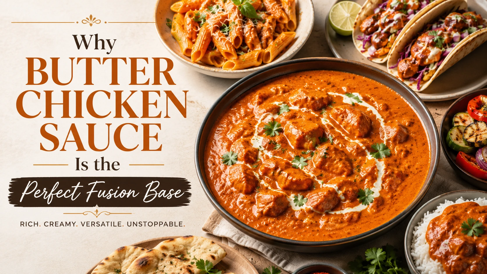Rich creamy butter chicken sauce used as a versatile base for fusion recipes like pasta pizza and poutine