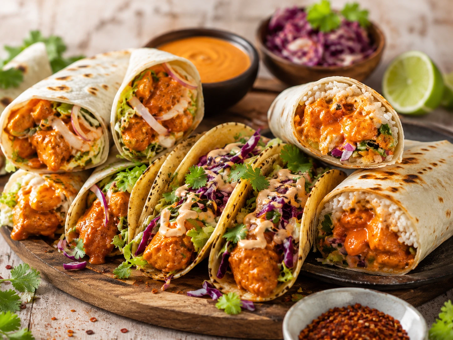 Butter chicken wraps filled with creamy makhani sauce tender chicken fresh lettuce and mint yogurt in a warm naan