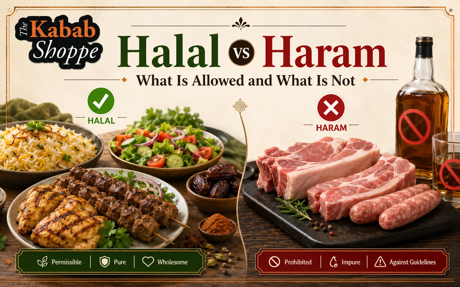 Halal vs haram food comparison showing which meats and ingredients are allowed and forbidden
