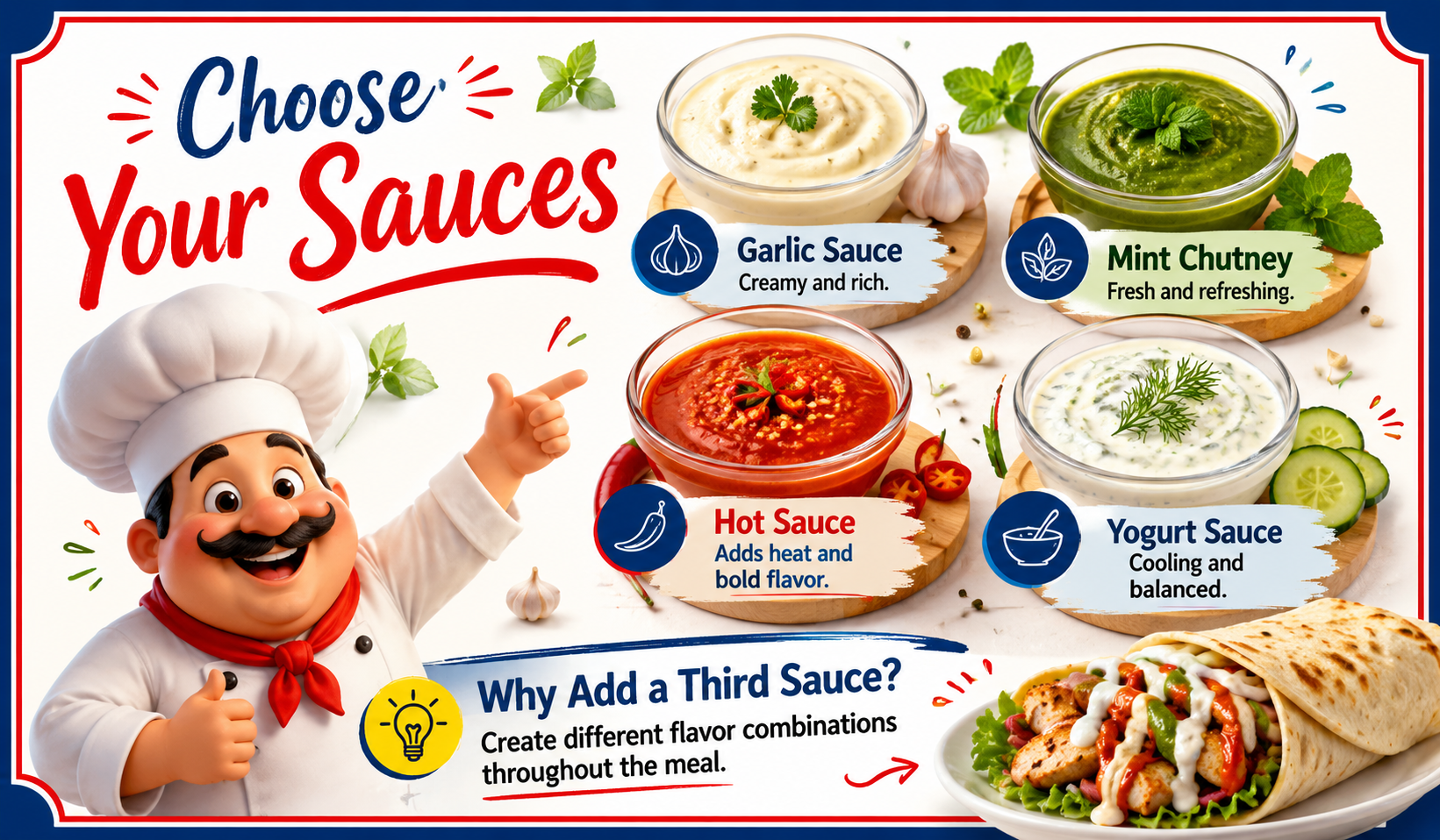 Choosing and building a halal kabab combo with proteins and sauces at The Kabab Shoppe