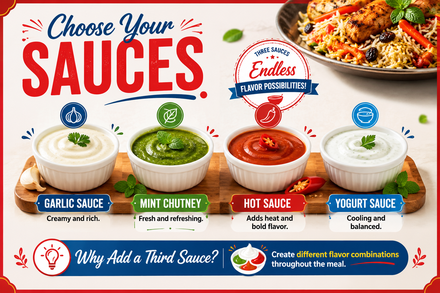Kabab combo sauce options including garlic sauce, mint chutney, hot sauce and yogurt sauce at The Kabab Shoppe