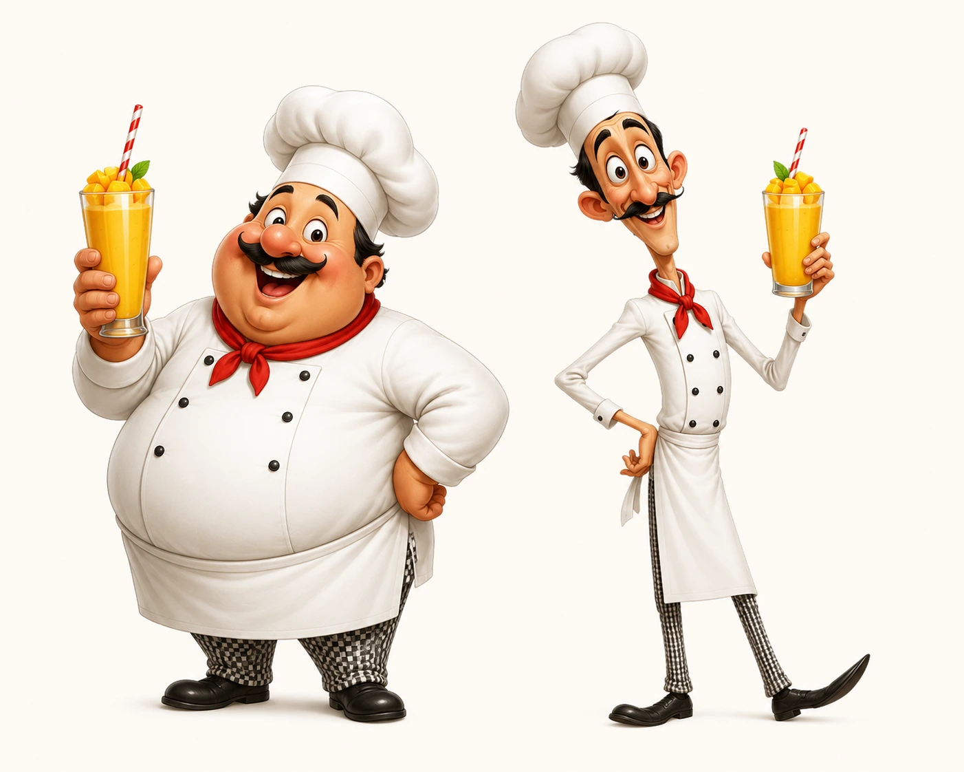 Friendly cartoon chef at The Kabab Shoppe holding a Mango Season sign with a tall iced mango drink