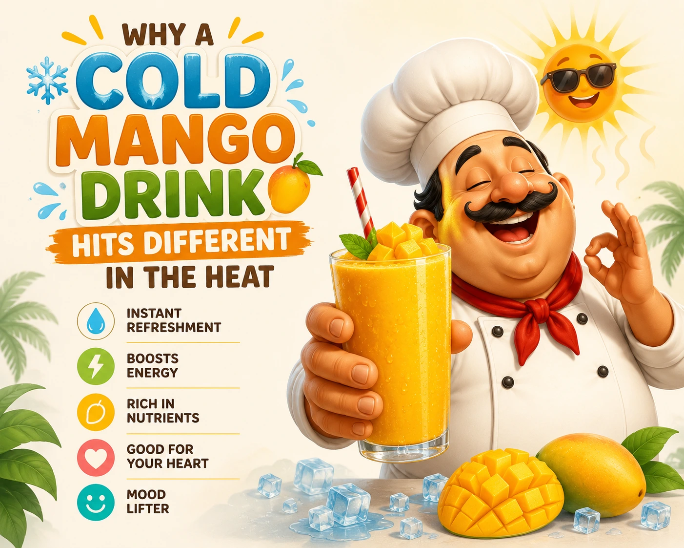 Refreshing mango iced drink in a tall glass topped with fresh mango at The Kabab Shoppe