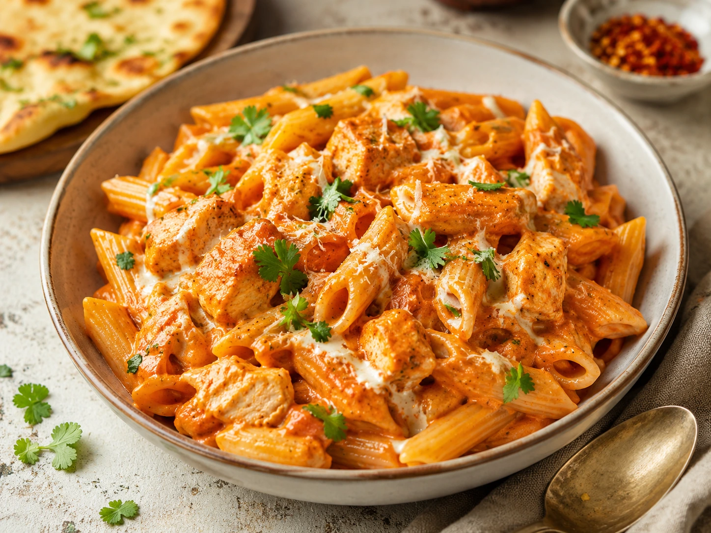 Creamy butter chicken pasta with penne tossed in spiced makhani sauce topped with fresh cilantro