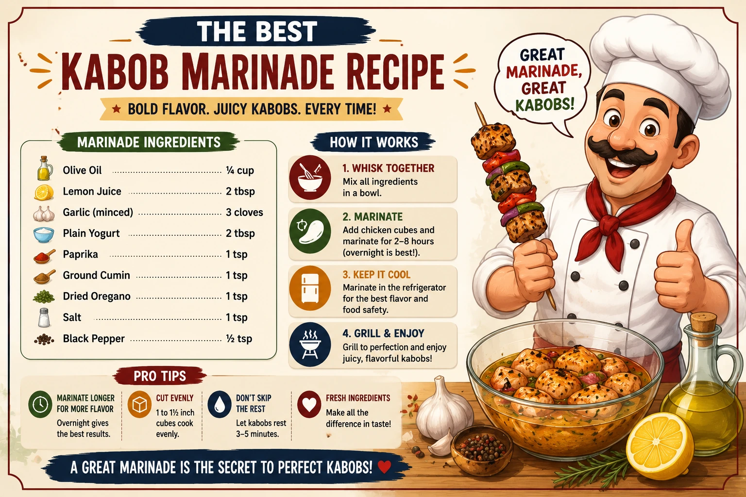 Kabob marinade recipe with olive oil, lemon, garlic and spices