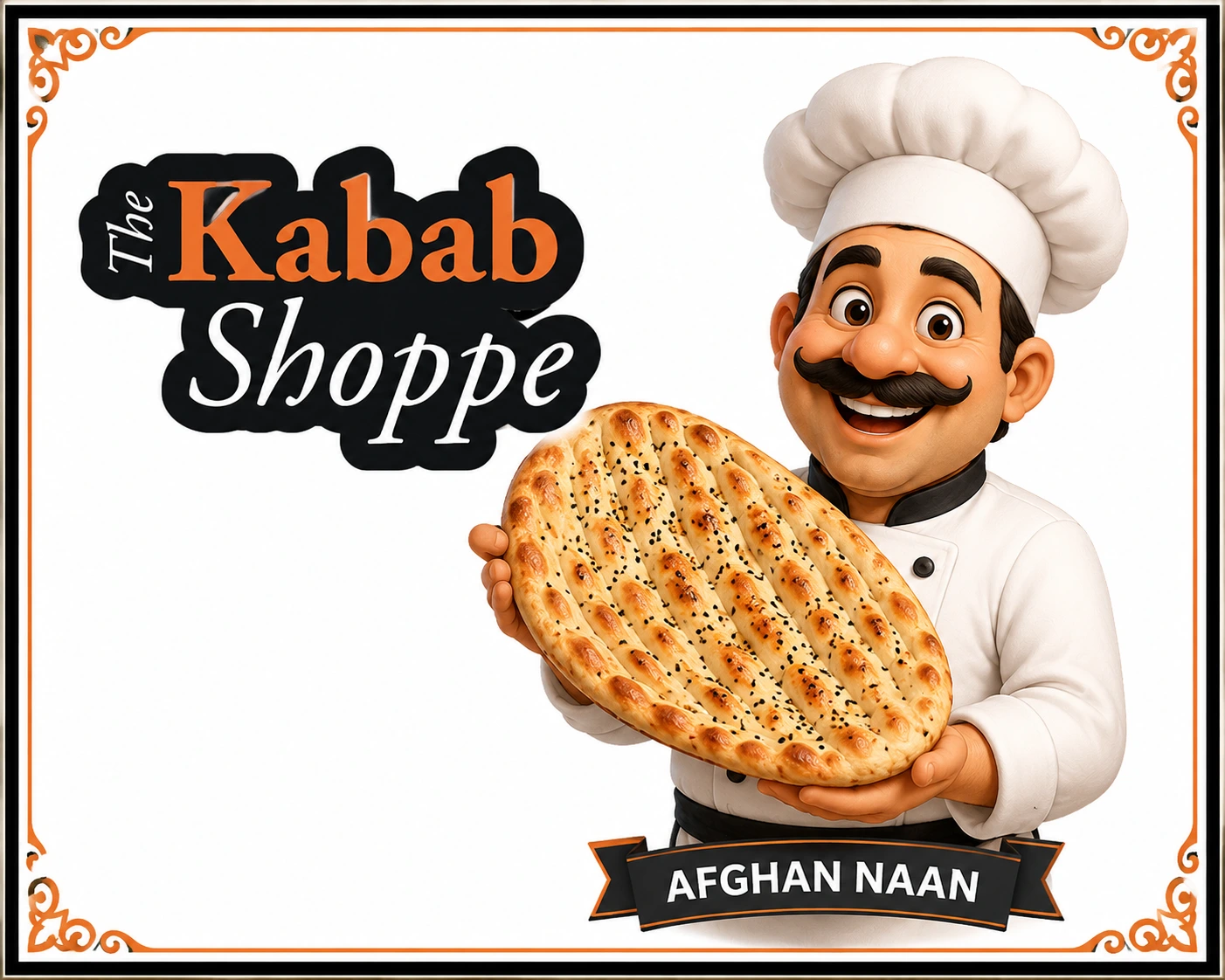 Cartoon Afghan chef holding a sign that says Fresh Naan Daily at The Kabab Shoppe