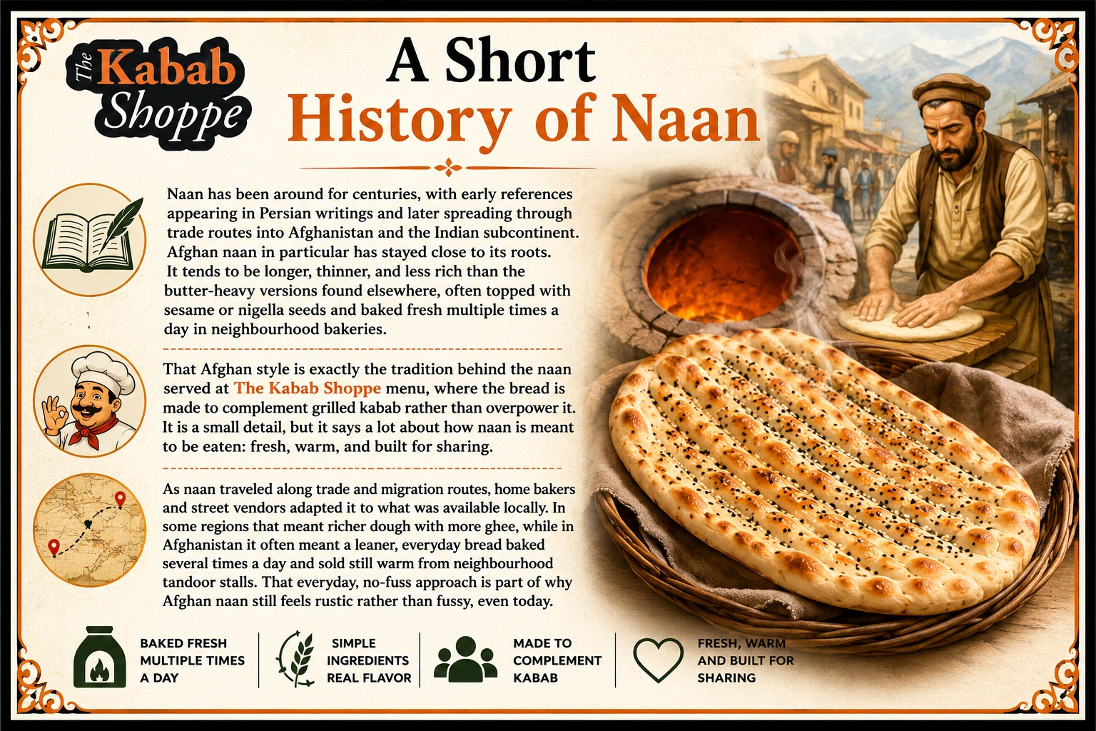 Traditional Afghan naan bread topped with sesame seeds on a wooden board