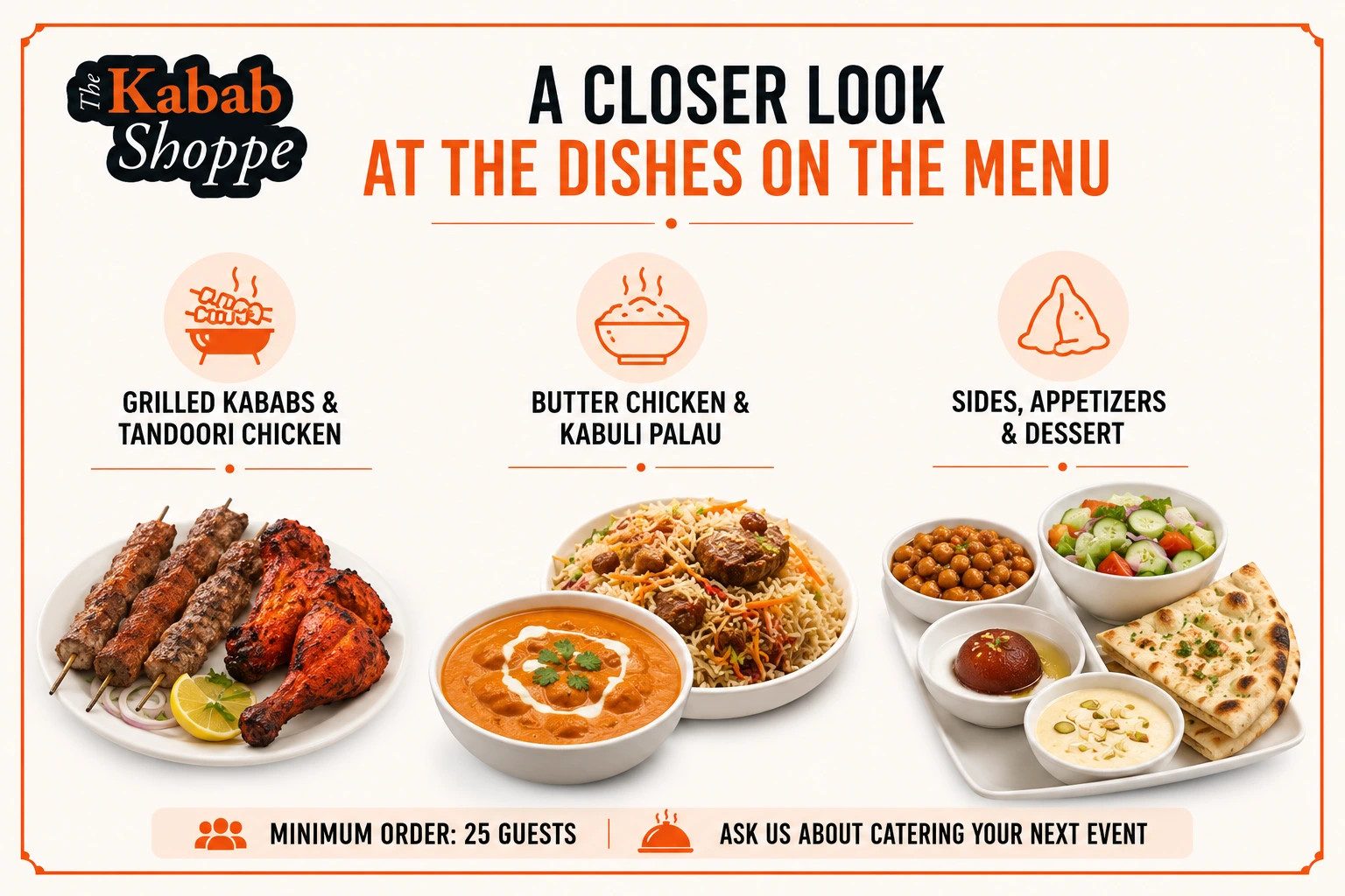 Halal catering dishes from The Kabab Shoppe including kababs, butter chicken and Kabuli palau