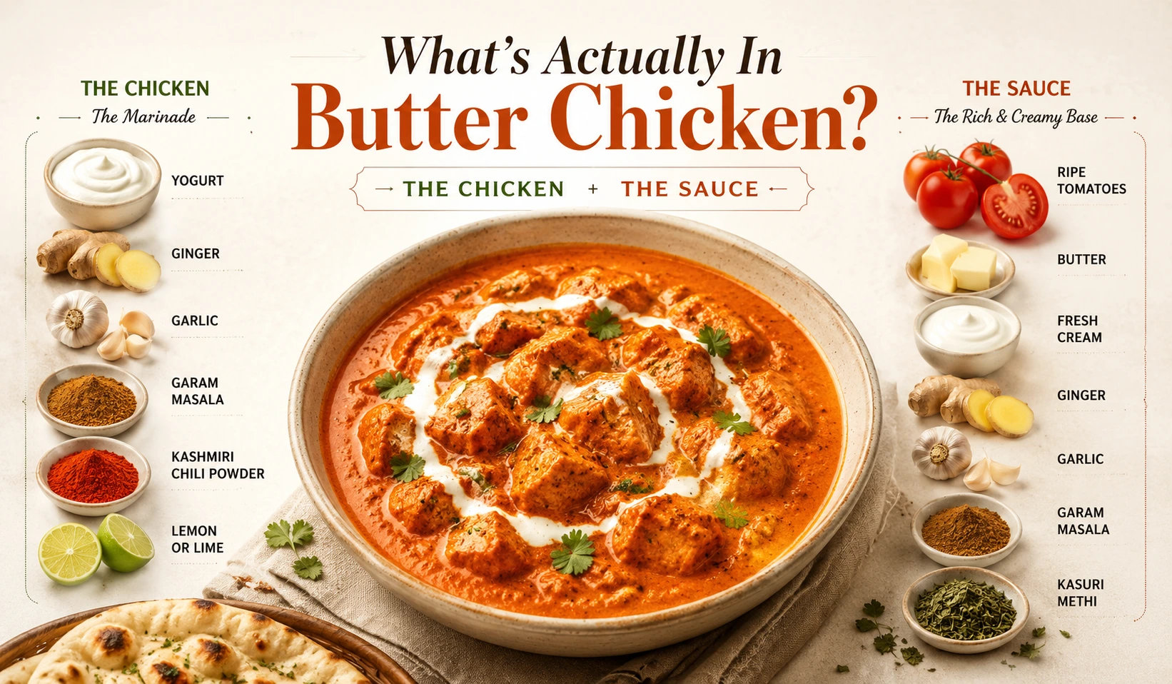 Close up of butter chicken ingredients and sauce at The Kabab Shoppe