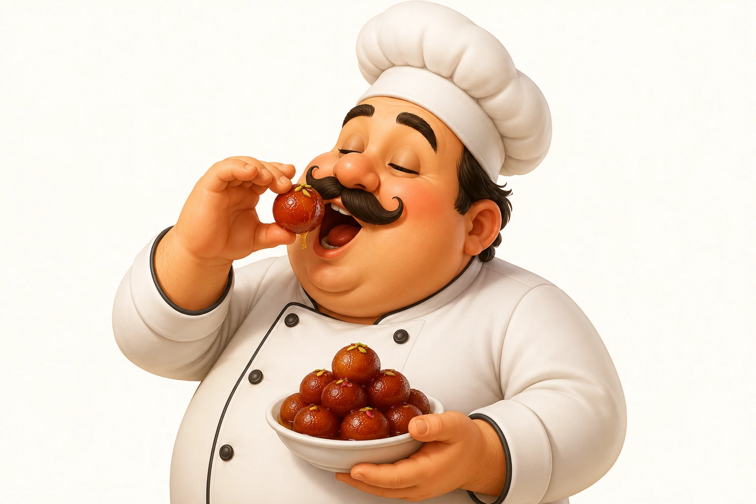 Friendly cartoon chef holding a gulab jamun sign at The Kabab Shoppe