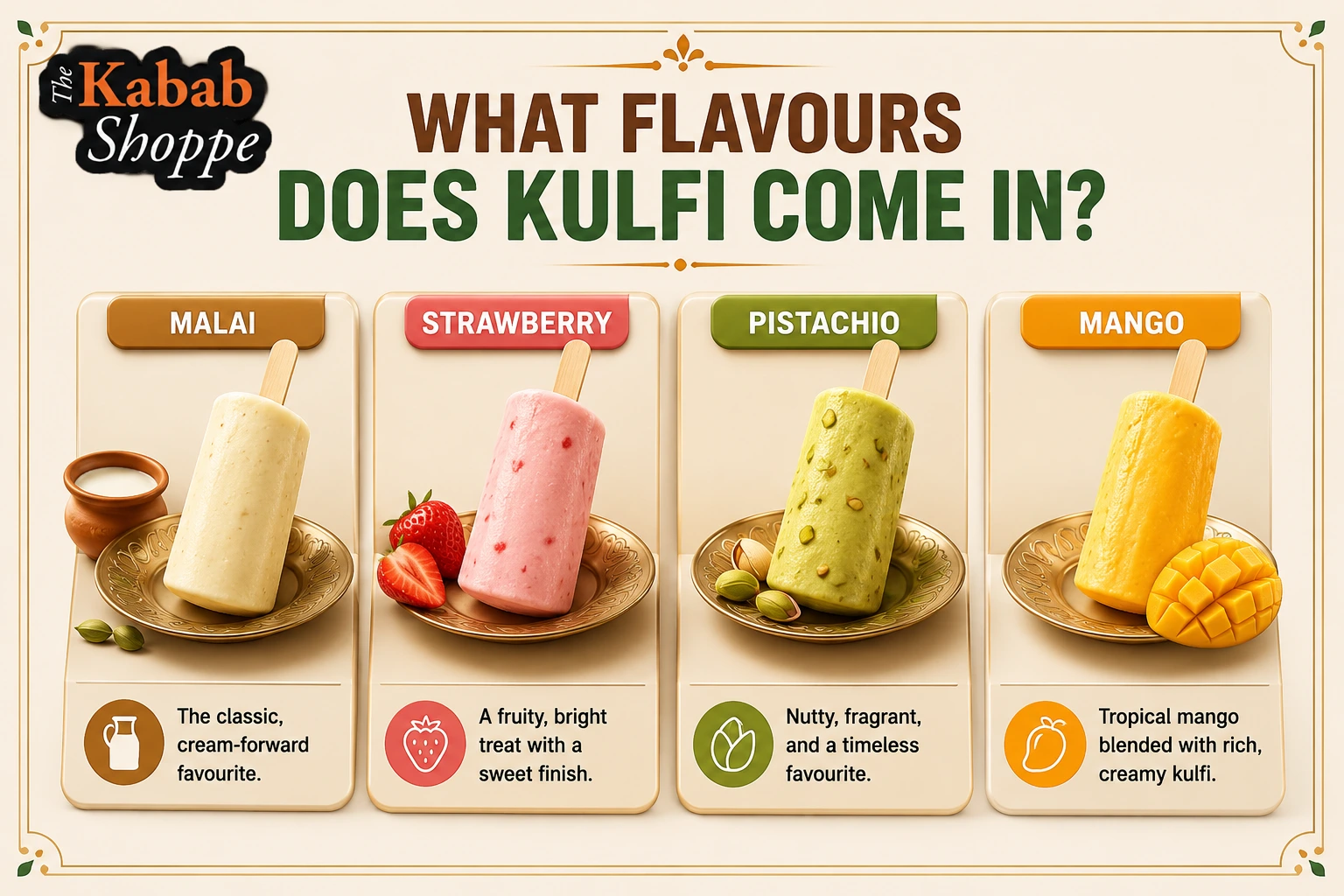 Four kulfi flavours: Malai, Strawberry, Pistachio, and Mango