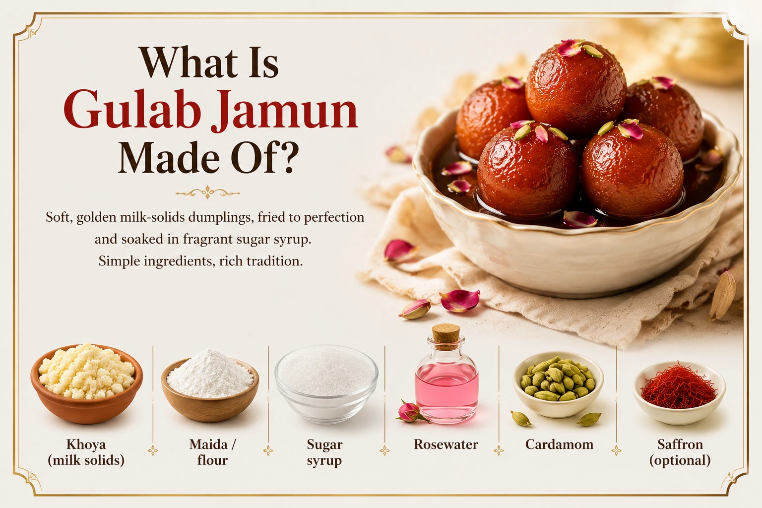 What gulab jamun is made of: khoya, flour, sugar syrup, cardamom, and rosewater