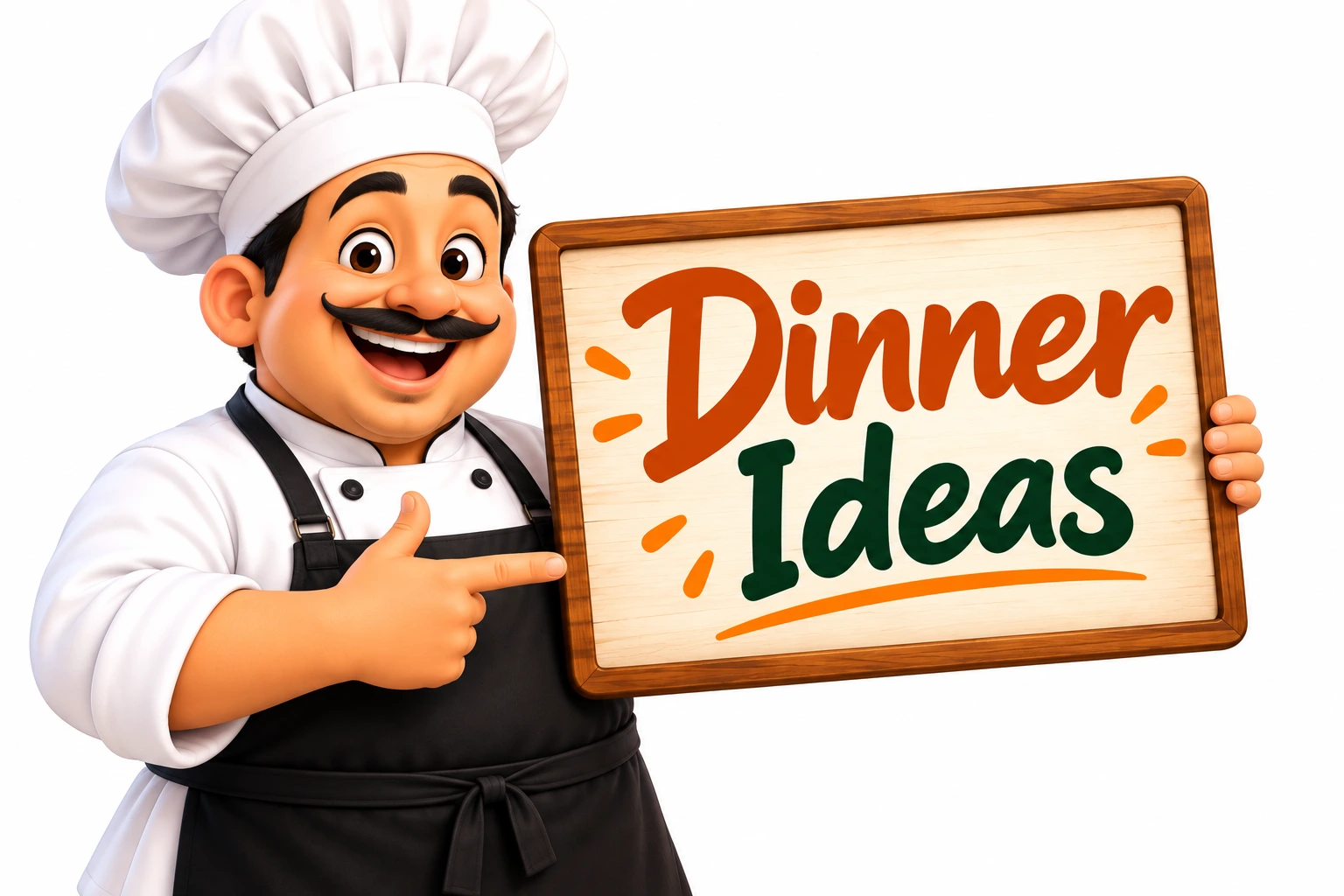 Cheerful cartoon chef holding a sign with halal Thanksgiving dinner ideas