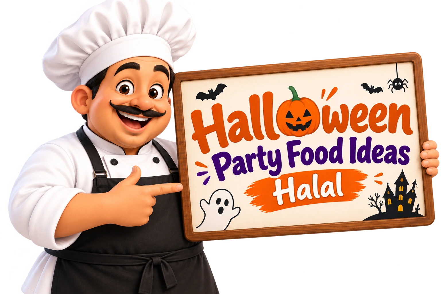 Cartoon chef holding a sign for halloween party food ideas halal finger foods