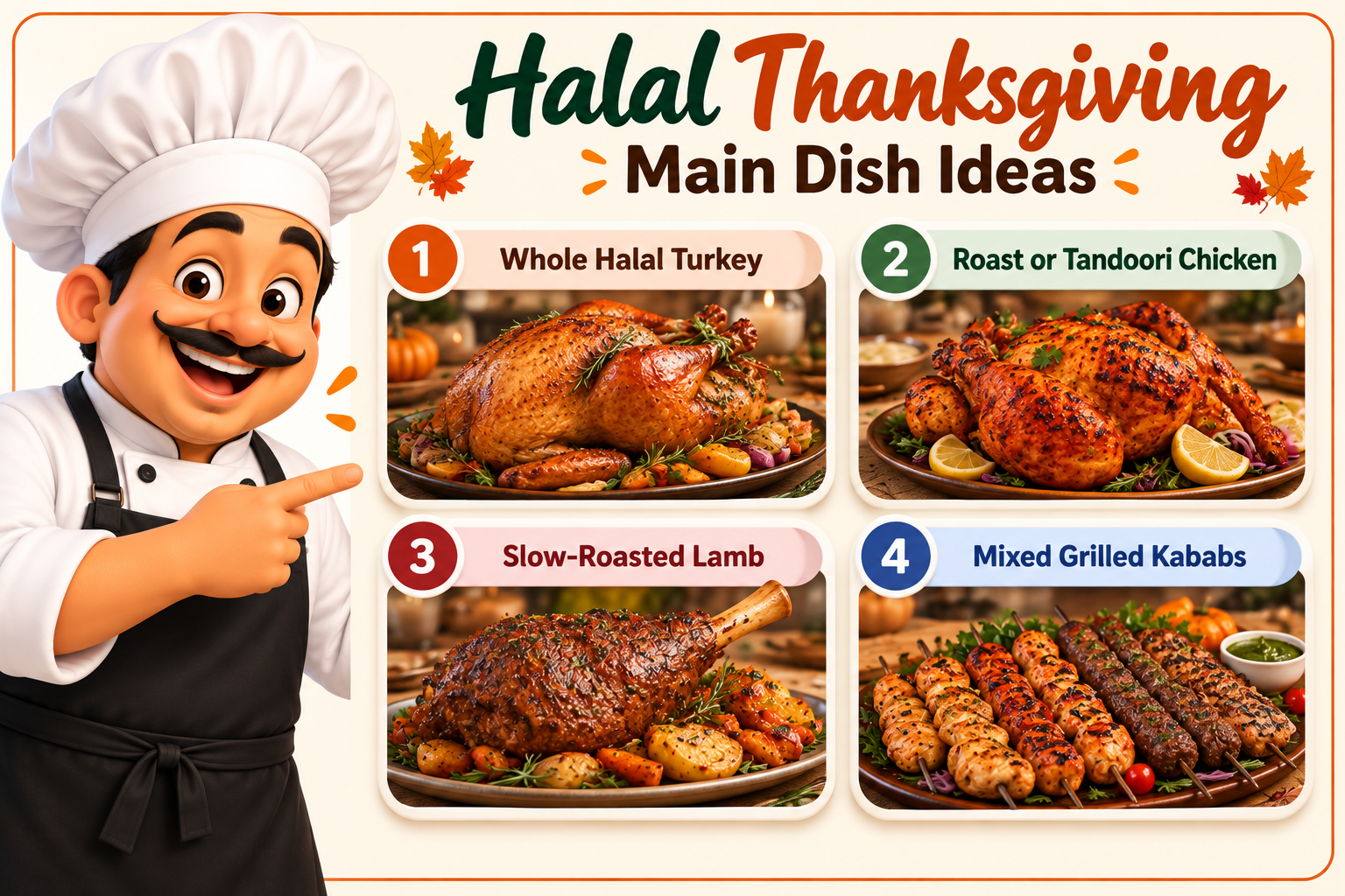 Halal Thanksgiving main dish ideas including turkey, chicken, lamb and kababs