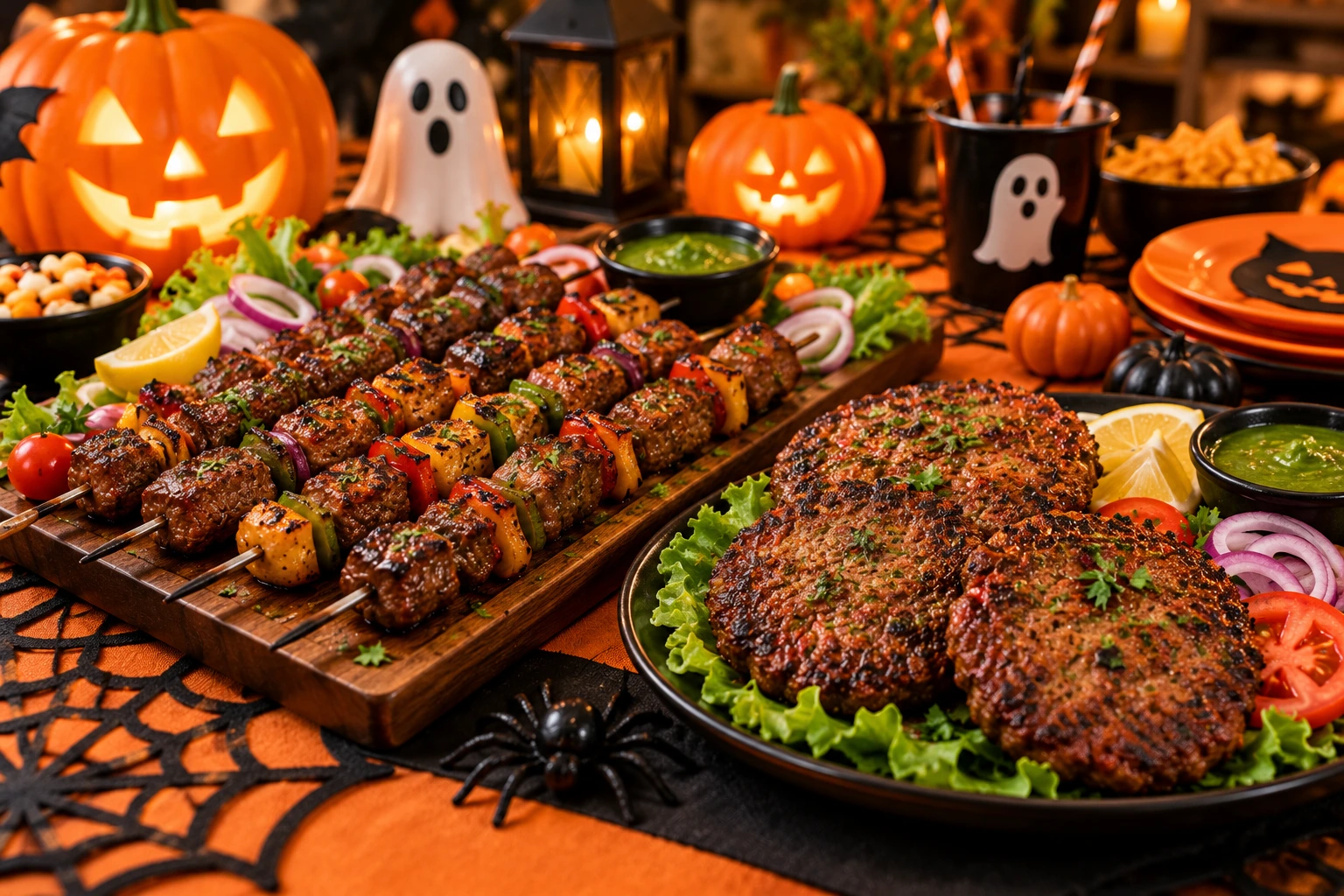 Shish kabab skewers and chaplee kabab sliders as halal Halloween appetizers for adults