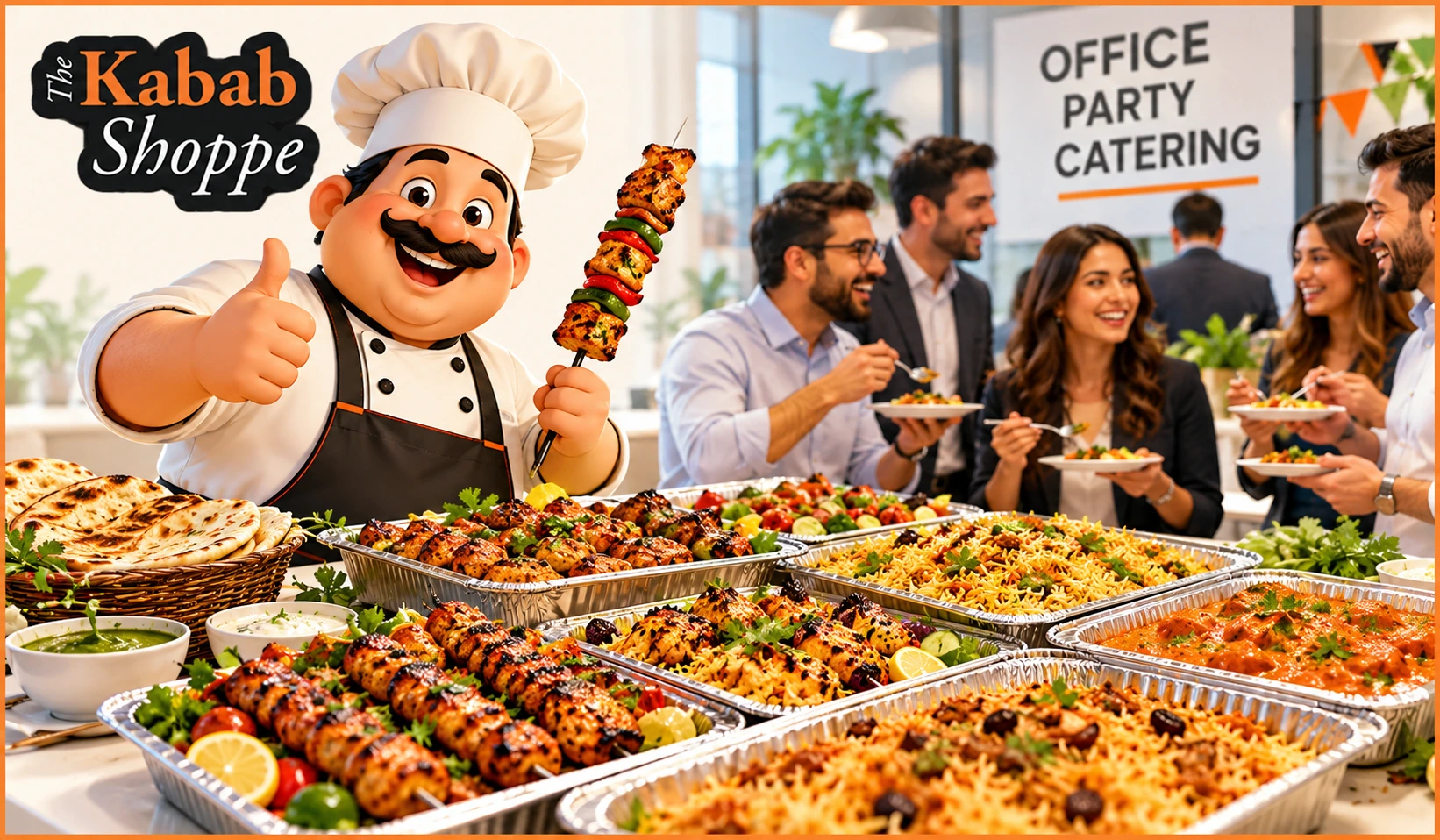 Office party catering feast from The Kabab Shoppe with halal dishes for a holiday party